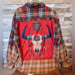 Boho Southwestern Bull Handcrafted Dip Dye Bleached Flannel Shirt